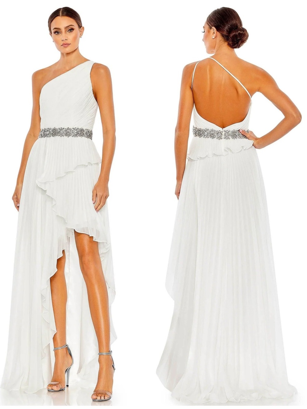 Mac Duggal One-Shoulder High-Low Jeweled Waist Pleated Gown Maxi Dress 49532 NWT